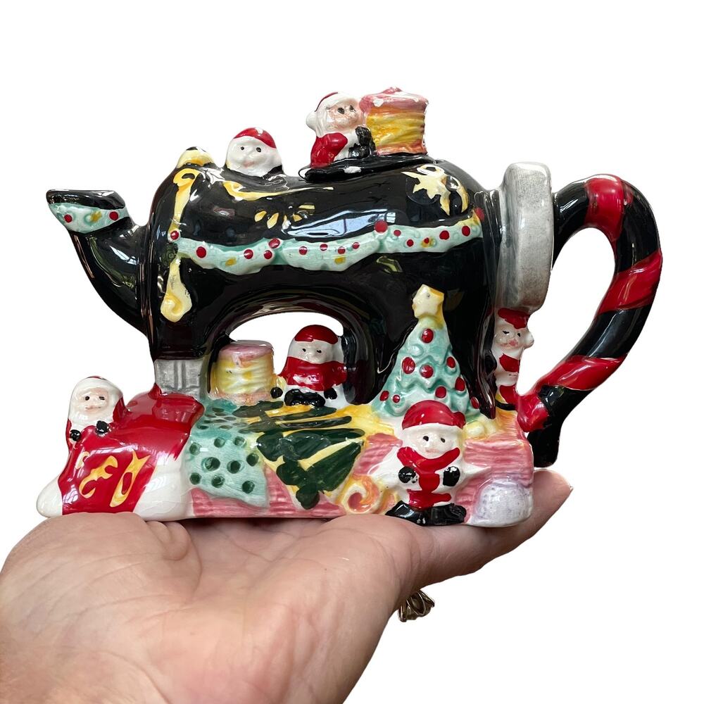 Vintage Sewing Machine Teapot Small 1995 Tea Hee Cardinal Santas Elves READ